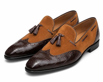 Mocassins à pampilles en cuir marron façon croco, faits main – Mocassins à bout golf bicolores en daim pour homme avec pampilles