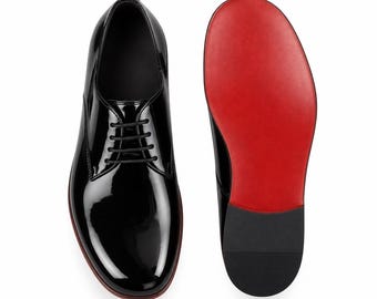 Men's Black Patent Leather Barefoot Oxford Shoes – Wide Toe, Red Sole (Handmade)