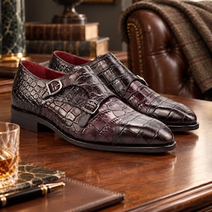 Luxury display of dark chocolate brown croc embossed double monk strap dress shoes on a wooden desk in an elegant classic office interior.
