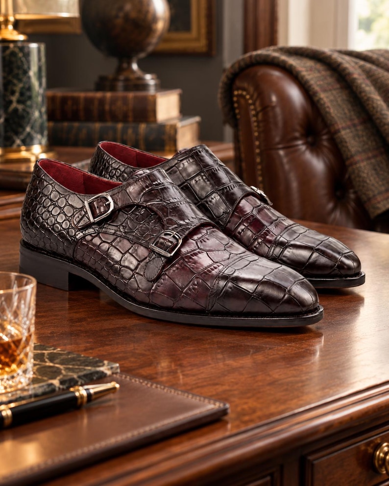 Luxury display of dark chocolate brown croc embossed double monk strap dress shoes on a wooden desk in an elegant classic office interior.