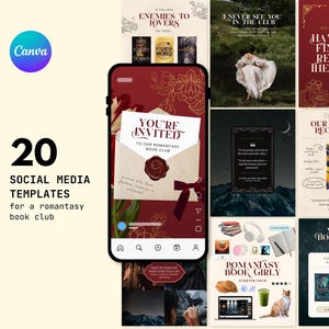 May include: A collection of 20 social media templates for a romantasy book club, displayed on a smartphone. The templates feature burgundy and gold designs with book-related graphics and text. The Canva logo is visible in the upper left corner.