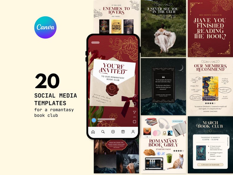 May include: A collection of 20 social media templates for a romantasy book club, displayed on a smartphone. The templates feature burgundy and gold designs with book-related graphics and text. The Canva logo is visible in the upper left corner.