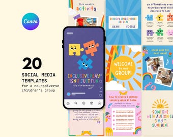 Neurodiverse Children's Group Editable Canva Social Media Templates ADHD Autism Instagram Posts