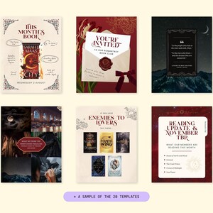 May include: A collection of six book-themed templates with a cream background. The templates feature book covers, quotes, and event details. The text includes "This Month's Book", "You're Invited", "Enemies to Lovers", and "Reading Update & November TBR".