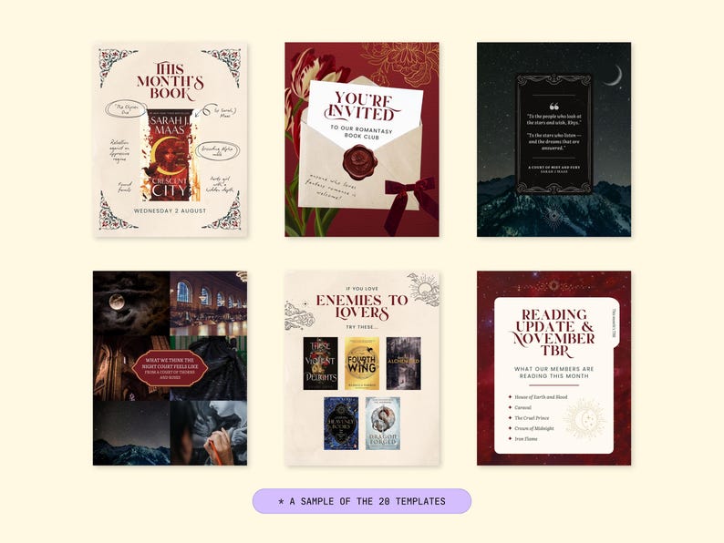 May include: A collection of six book-themed templates with a cream background. The templates feature book covers, quotes, and event details. The text includes "This Month's Book", "You're Invited", "Enemies to Lovers", and "Reading Update & November TBR".