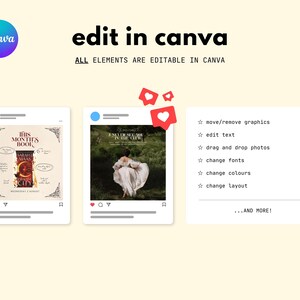 May include: A promotional graphic for Canva, featuring social media post mockups. The text reads "edit in canva" and "all elements are editable in canva." The image includes book cover designs and editing options.