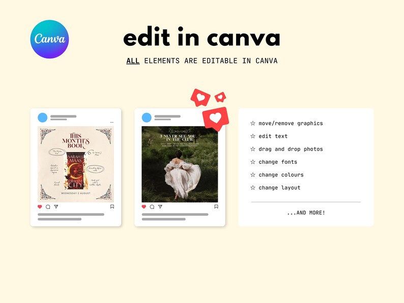 May include: A promotional graphic for Canva, featuring social media post mockups. The text reads "edit in canva" and "all elements are editable in canva." The image includes book cover designs and editing options.