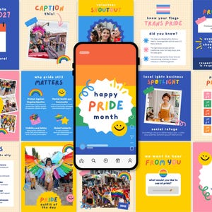 May include: A smartphone displaying a social media feed with multiple Pride-themed graphic templates. The central screen shows a colorful graphic with the text 'happy PRIDE month' and a smiley face icon, surrounded by various informational posts.