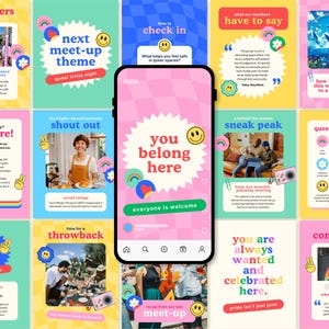 Può includere: Uno smartphone che mostra un'interfaccia di social media con uno sfondo a scacchi rosa e il testo you belong here ed everyone is welcome. Lo schermo presenta un'icona gialla con faccina sorridente ed elementi grafici colorati come arcobaleni.