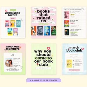 Trendy Book Club Editable Canva Social Media Templates Girly Bookstagram Booktok Aesthetic