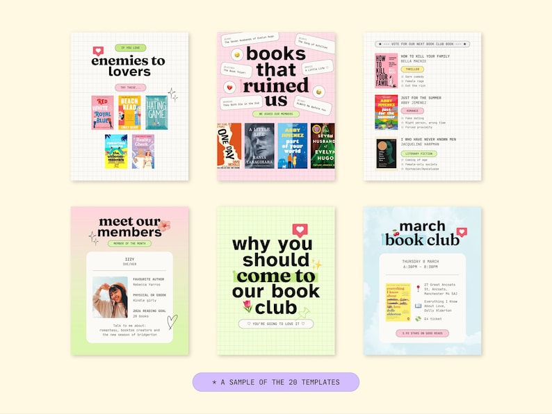 Trendy Book Club Editable Canva Social Media Templates Girly Bookstagram Booktok Aesthetic