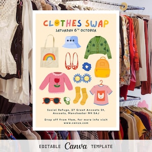 May include: A cream-coloured flyer for a Clothes Swap on Saturday 6th October at Social Refuge, 27 Great Ancoats St, Manchester M4 5AJ. The graphic features a tote bag with a rainbow, a blue bucket hat, a green cardigan, red shoes, a backpack, and a pink shirt.