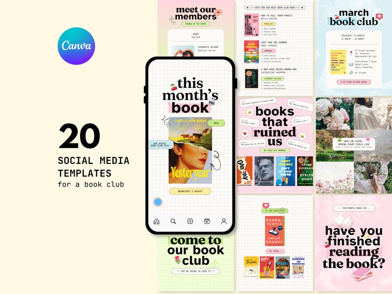 Trendy Book Club Editable Canva Social Media Templates Girly Bookstagram Booktok Aesthetic