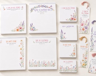 Bible Verse Stationery Bundle, Printable Notepad, Sticky Note & Bookmark Set, Christian Digital Download, Floral Scripture PNG