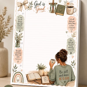 May include: A 5.5 inch by 7 inch notepad featuring a decorative border with a bow, cross, Bible, coffee mug, rainbow, and floral elements. It includes Bible verses and an illustration of a person sitting at a desk with a book and coffee.