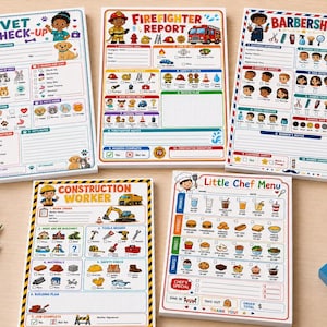 May include: Five rectangular paper activity pads featuring colorful illustrations and text for children. The themes include Vet Check-up, Firefighter Report, Barbershop, Construction Worker, and Little Chef Menu, each with checkboxes and fillable fields.
