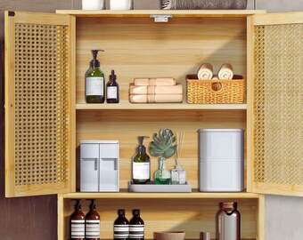Rattan Wall Cabinet Wooden Bathroom Storage Cabinet Wall Mounted Medicine Cabinet with Shelf Boho Home Storage Kitchen Essentials