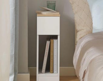 Narrow Bedside Table with Drawer Slim White Nightstand Storage Cabinet, for Bedrooms, Living Rooms, Dorms and or Apartments
