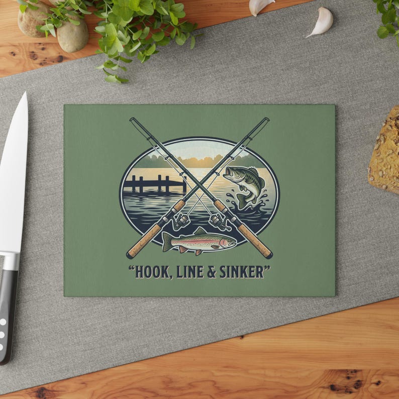 Hook, Line & Sinker Fishing Graphic Glass Cutting Board | Fishing Lake ...