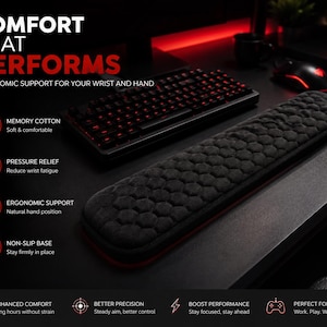 Peut inclure: Un repose-poignet rectangulaire noir avec un motif hexagonal texturé sur la surface. Le produit présente du texte incluant COMFORT THAT PERFORMS, MEMORY COTTON, PRESSURE RELIEF, ERGONOMIC SUPPORT, NON-SLIP BASE, ENHANCED COMFORT, BETTER PRECISION, BOOST PERFORMANCE et PERFECT FOR GAMERS.