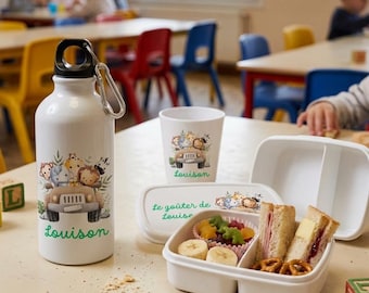 Boite à goûter, gourde et gobelet personnalisés