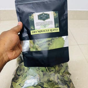May include: A black pouch labeled "Doctor Ayu" containing dry miracle leaves. The pouch is held in a person's hand and is partially transparent, revealing the green leaves inside. The text "Dry Miracle Leaves" is printed on the front.