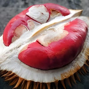 May include: A split durian fruit showing vibrant red pulp segments nestled within a white, fibrous interior. The outer husk is covered in sharp, pointed, golden-brown spikes, revealing the distinct contrast between the red fruit and the shell.
