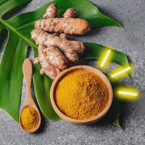 Puede incluir: Un cuenco de madera y una cuchara de madera a juego llenos de polvo de cúrcuma amarillo vibrante, acompañados de raíces de cúrcuma crudas. La escena incluye tres líneas amarillas brillantes y una hoja verde grande sobre una superficie gris.