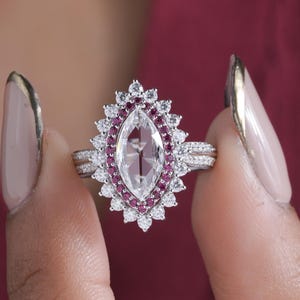 Victorian Set Marquise Cut Rosecut Lab Grown Diamond Ring, Pink Ruby And Diamond Halo Ring, Vintage Inspired Cocktail Ring, Split Shank Ring