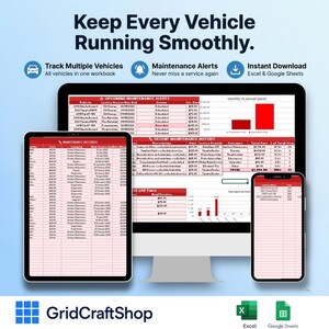 May include: A digital vehicle maintenance tracker displayed on a computer monitor, tablet, and smartphone. The screen shows spreadsheets with columns for vehicle service records, maintenance alerts, and cost data, with the text Keep Every Vehicle Running Smoothly.