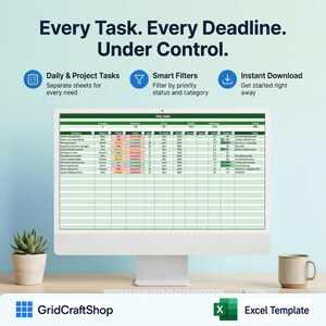 May include: A computer monitor displays a spreadsheet with the text "Daily Tasks." The image includes the text "Every Task. Every Deadline. Under Control." Icons highlight features like smart filters and instant download. A small plant and a mug are on the desk.