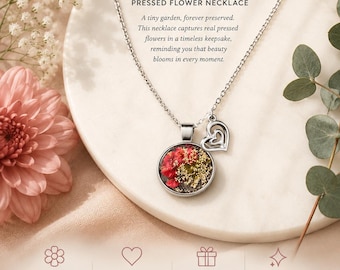 Everlasting Bloom pressed flower necklace 18” chain