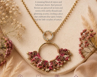 Collar Boho Meadow con flores prensadas y cadena de 76 cm (30 pulgadas).