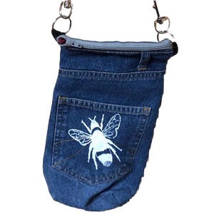 Denim shoulder bag, re purposed denim,Hand screen print bee,up cycled,Zero waste,Eco friendly,festival travel bag,Gift