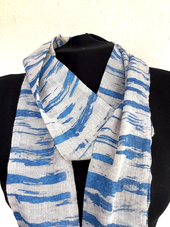 Grey Infinity scarf blue abstract hand printed, designer scarf, soft cotton scarf, zero waste neck-wear, unique unisex, Eco friendly Gift.