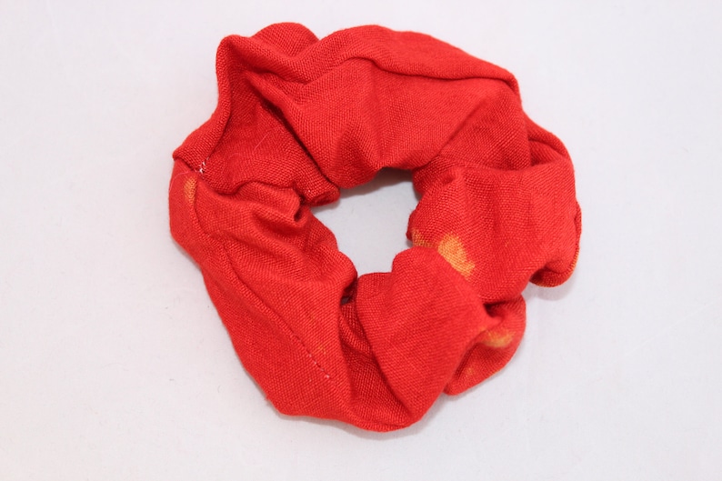 Elasticated hair scrunchie handmade red and gold coloured hair bobble up-cycled stocking filler