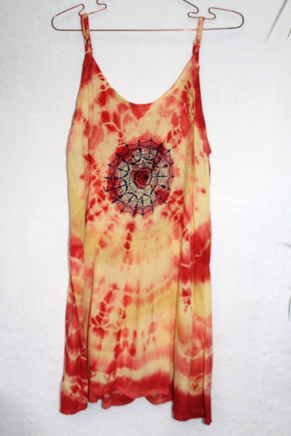 Yellow and red Tie dye sun dress, Vintage 90's,Ladies blue mandala hand screen print,Summer Beach holiday dress,Reworked upcycled Zero waste