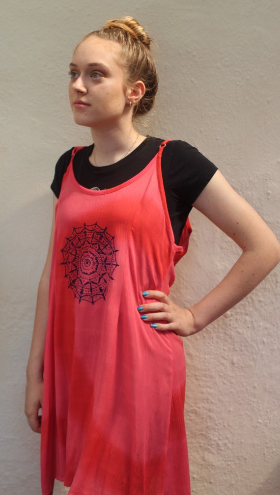 Red sun dress, Vintage 90's Ladies Dress,mandala screen print, Summer Beach holiday, Re worked hand printed.Up cycled, Recycled, Zero waste,