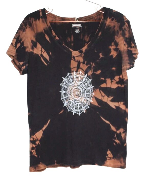 Ladies size L T shirt, reworked Eco tie dyed clothing,white hand drawn mandala hand print v neck T shirt, reworked pre loved Eco clothing