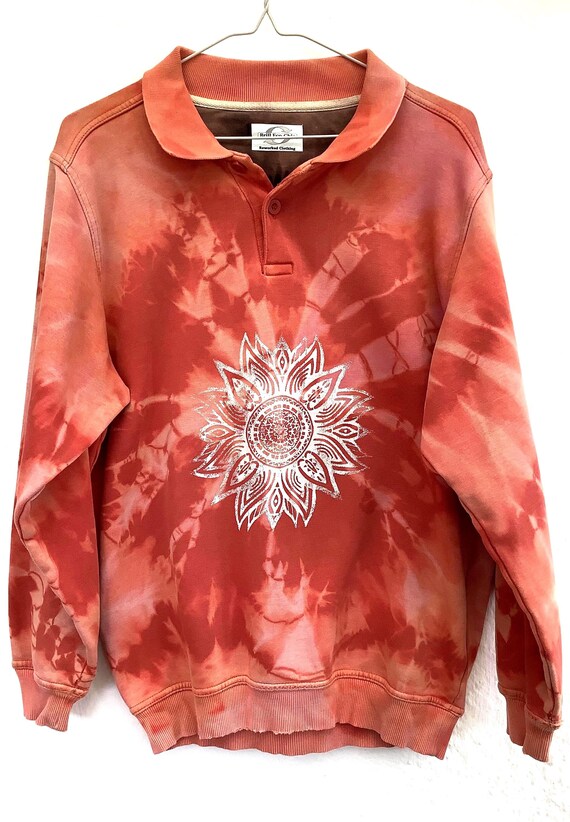 Tie dye sweatshirt reworked preloved unisex orange collared retro jumper,mandala hand print, up cycled unisex clothing * Eco friendly gift *