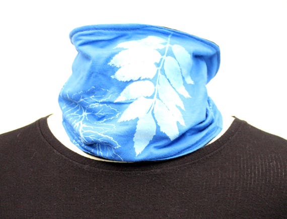 Neckwarmer snood infinity scarf, handmade dark blue lined,Handprinted scarf, silver ash leaf print, Unisex,Zero waste Up cycled fabric,gift