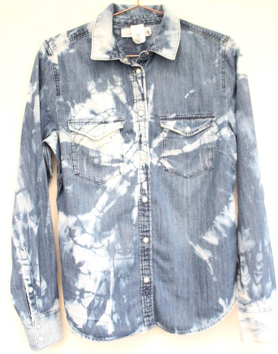 Tie Dye, denim Unisex 90's style reworked blue denim shirt, Ladies size 6,  Eco Long sleeve shirt, Festival,Hippie, Grunge, Party,reworked