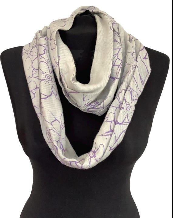 Pink Infinity scarf, floral hand-printed loop scarf, grey metallic purple floral,soft scarf,winter scarf, eternity scarf, handmade Eco Gift.