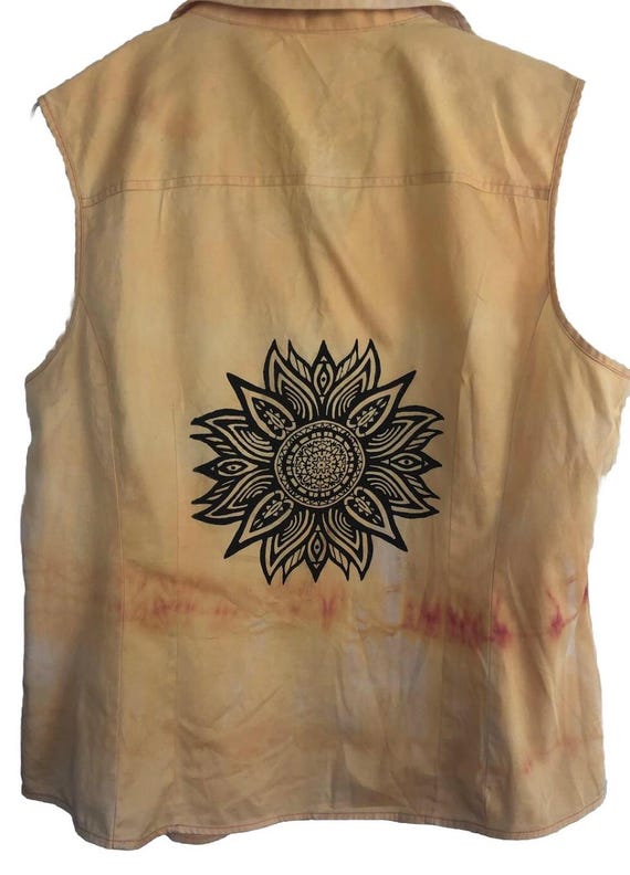 Vintage 90's Reworked yellow Sleeveless Shirt, mandala Custom Hand Screen print,tie dye short sleeve shirt,blouse Festival,Hippie, Grunge,