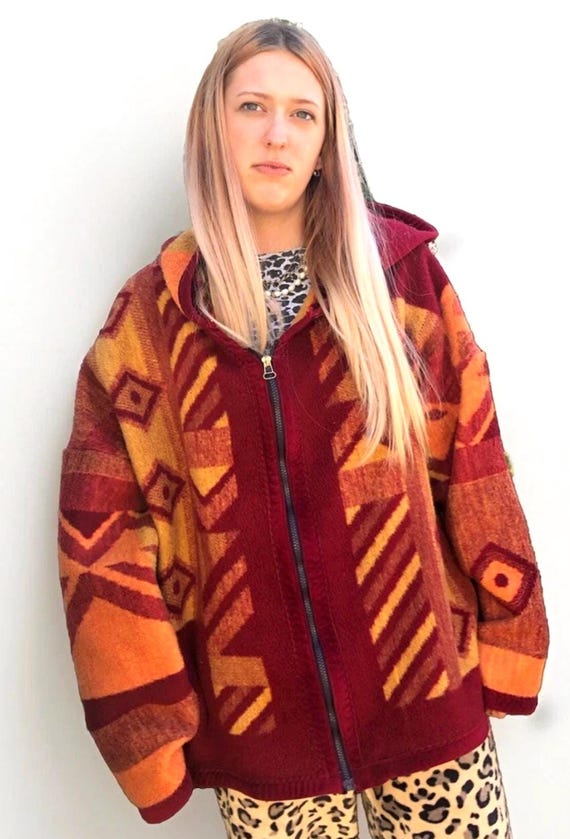 Unisex reworked custom fleece jacket, up cycled Eco Vintage Fleece, Zip Up fleece Hoodie, boho Aztec,Hippie coat,warm unique Festival Jacket