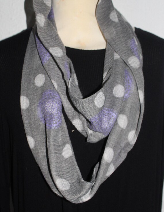 Infinity scarf,Grey spotty soft cotton,handprinted scarf purple mandala pattern scarf,soft loop unique scarf, neck-wear, great unisex gift