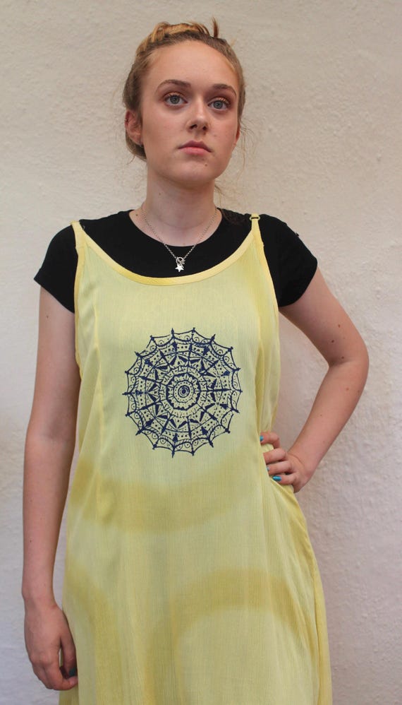 Yellow sun dress,Vintage 90's Ladies mandala screen print,Summer Beach holiday dress,Re worked hand printed.Up cycled, Recycled, Zero waste,