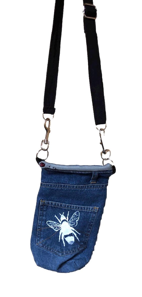 Denim shoulder bag, re purposed denim,Hand screen print bee,up cycled,Zero waste,Eco friendly,festival travel bag,Gift