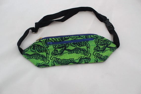 Flat belt bag, green across body bag, abstract handprinted, handmade bag, travel, hiking outdoor camping bag,Eco bum bag, great unisex gift.
