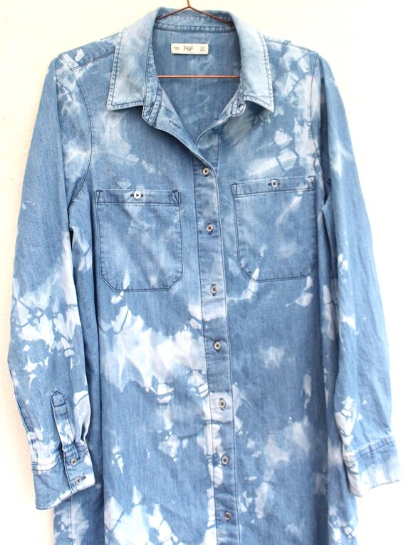 Denim tie dye dress, Unisex reworked blue shirt, Ladies size 8 Tie Dye, denim Eco Long sleeve shirt/ dress, Festival,Hippie, Grunge, Party.